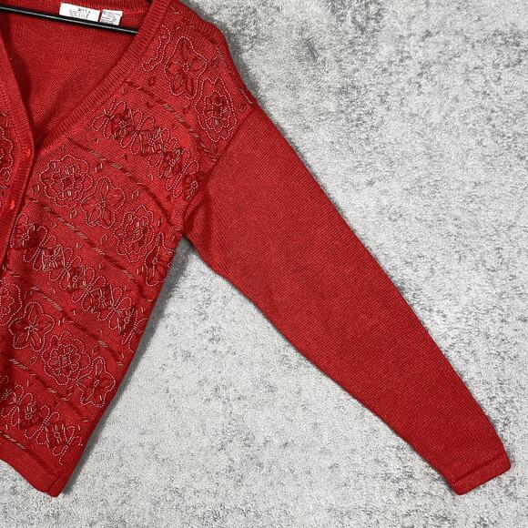 XXIst Cardigan Sweater Womens Small Red Beaded Floral Button Front Knit - Picture 4 of 16